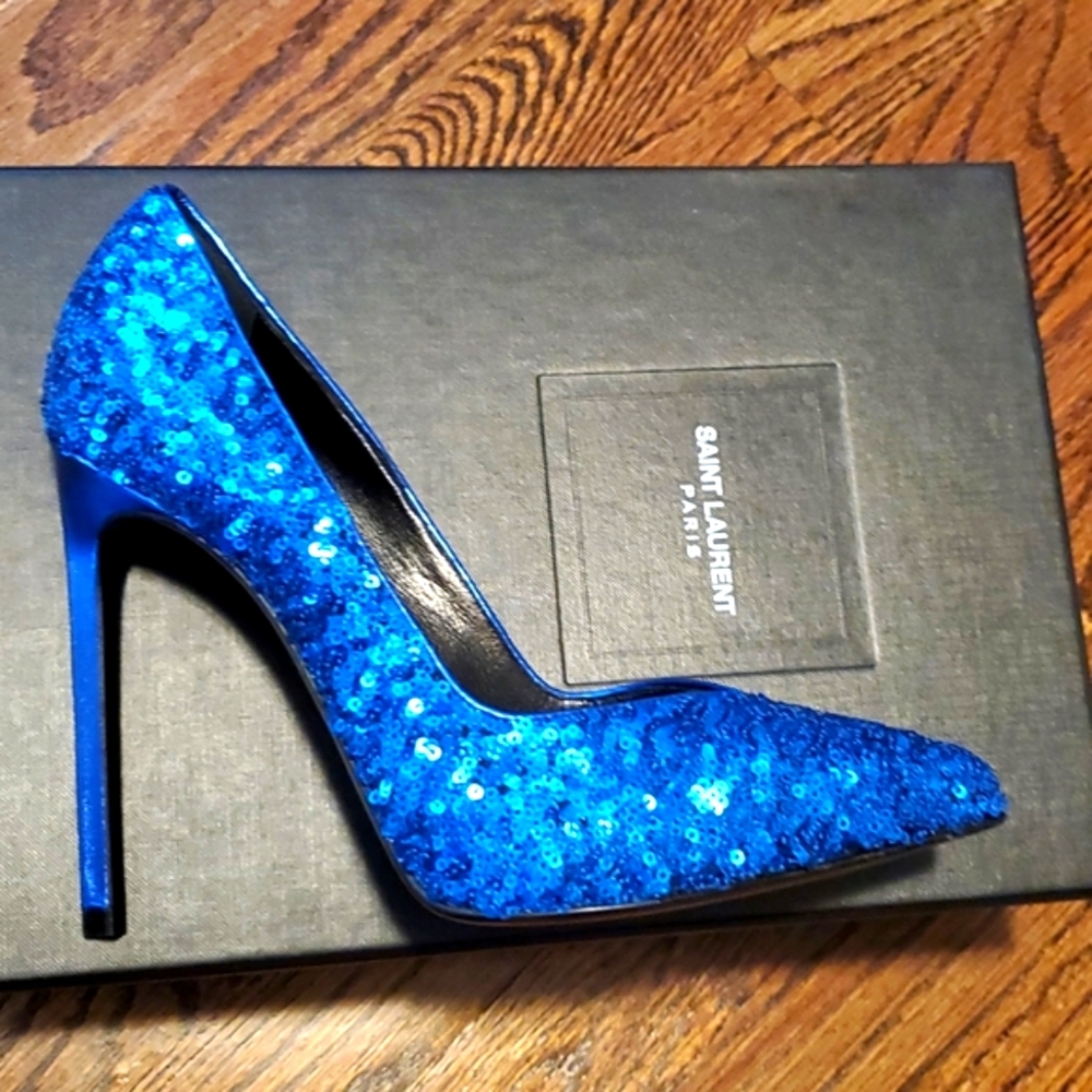 NWT Saint Laurent Blue Sequin Womens Pumps - Size 38 (US 8) NWT